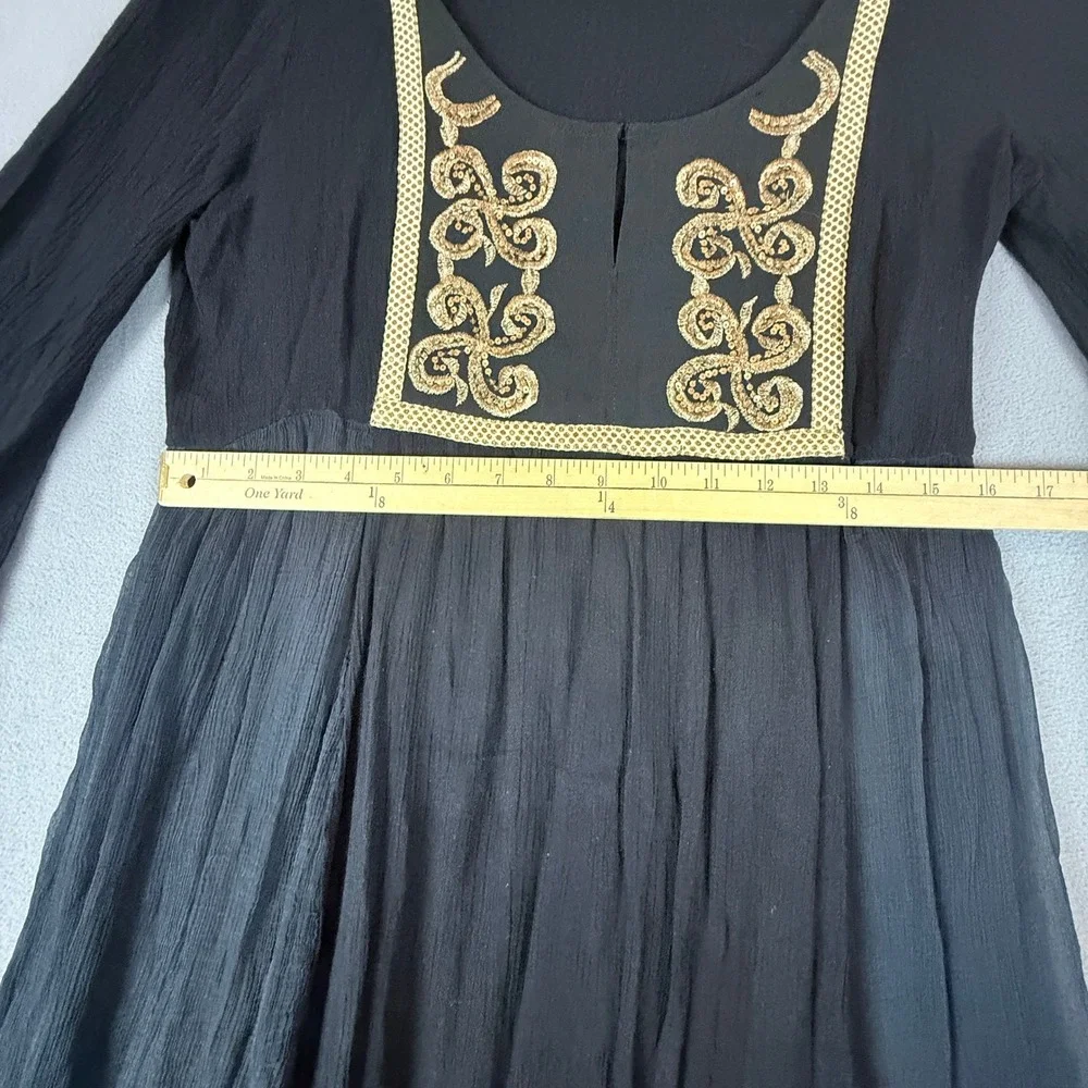 Free People Mini Dress Small Black Gold Embroidered Lace Bell Sleeve Boho Witchy